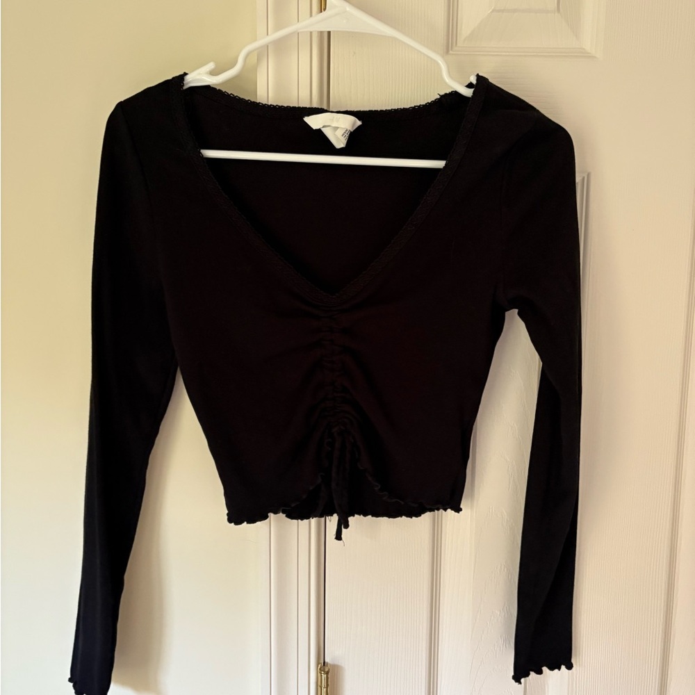H&M Black Cropped Long Sleeve Top – Size S, Adjustable Ruching & Ruffle Hems